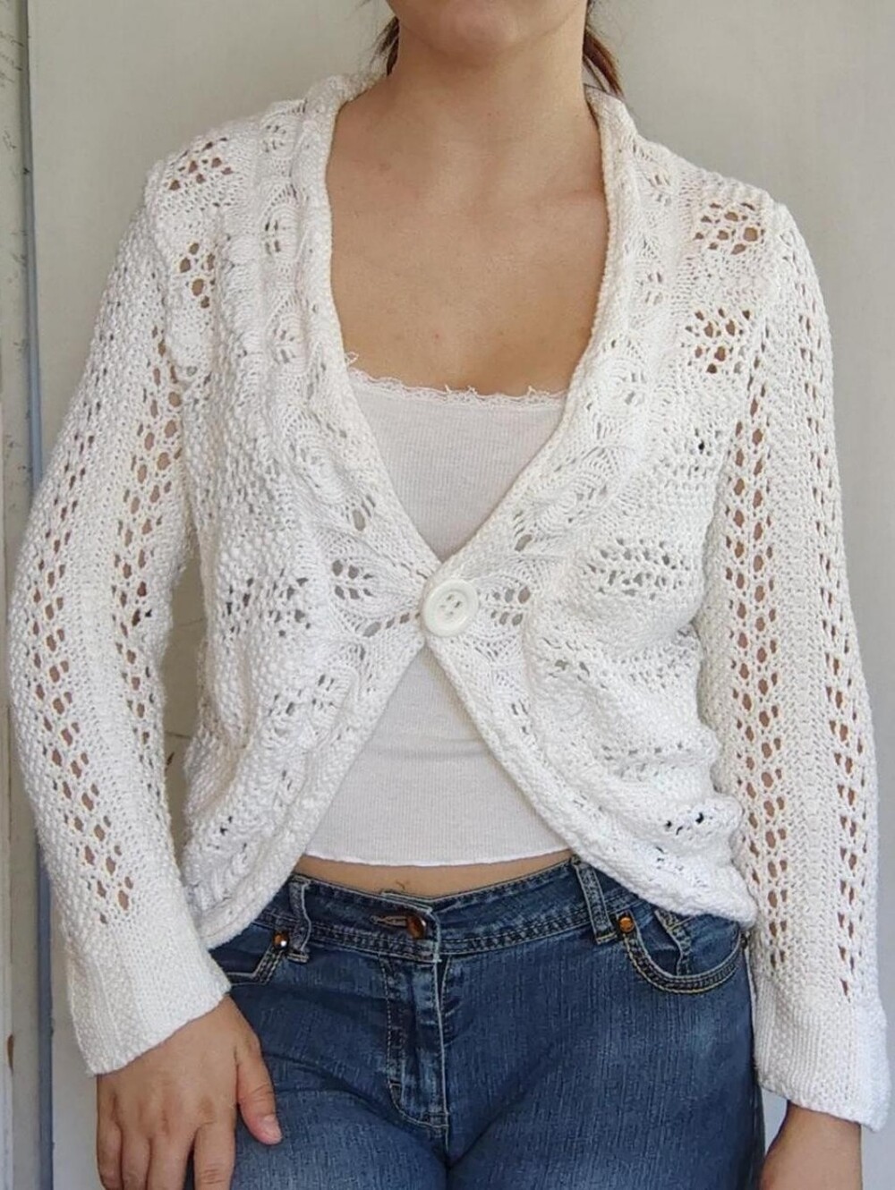 90s white crochet style sweater cardigan